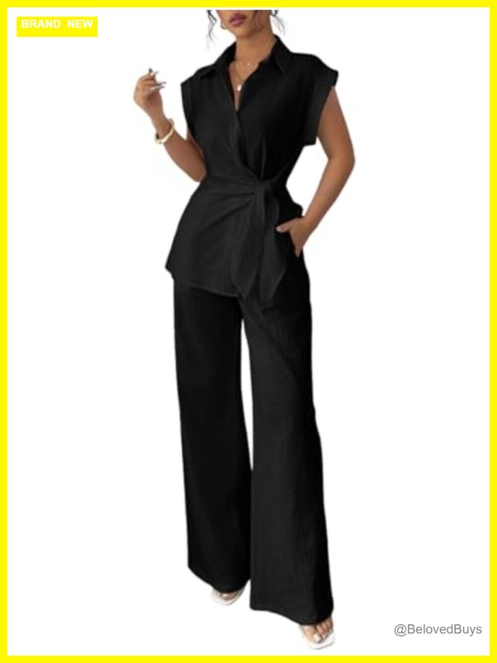Womens Two Piece Set Cap Sleeve Tie Waist Shirt Wide Leg Pants Dressy